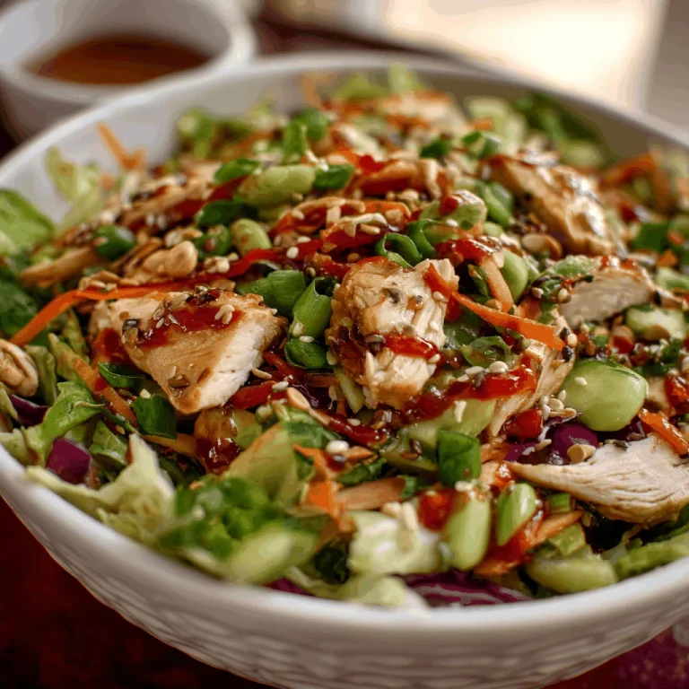 A bowl of Asian chicken salad with mandarin oranges, almonds, and crispy noodles.