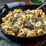 A delicious plate of Garlic Butter Steak with Cheesy Alfredo Tortellini