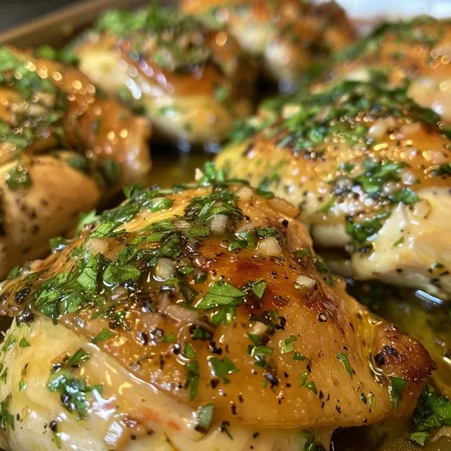 Close-up of juicy baked chicken breast garnished with herbs and garlic butter.