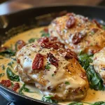 Close-up view of a creamy Tuscan garlic chicken dish served in a skillet with fresh spinach and sun-dried tomatoes.