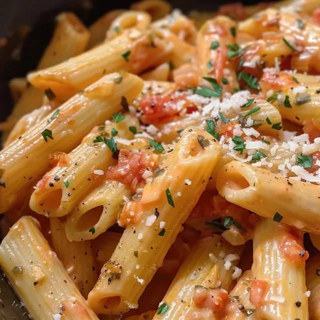 Close-up of creamy tomato garlic pasta with grated cheese and herbs.