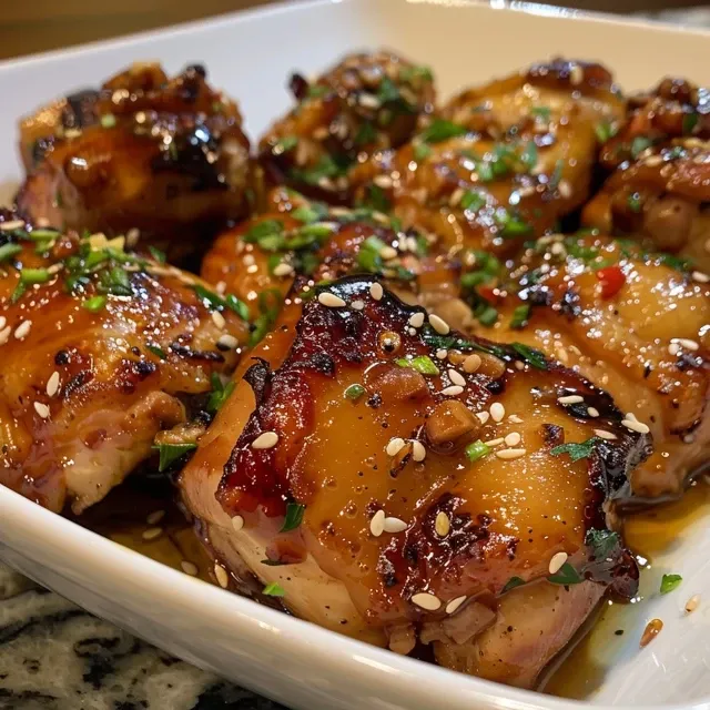 Juicy honey garlic chicken thighs garnished with minced garlic on a white plate.
