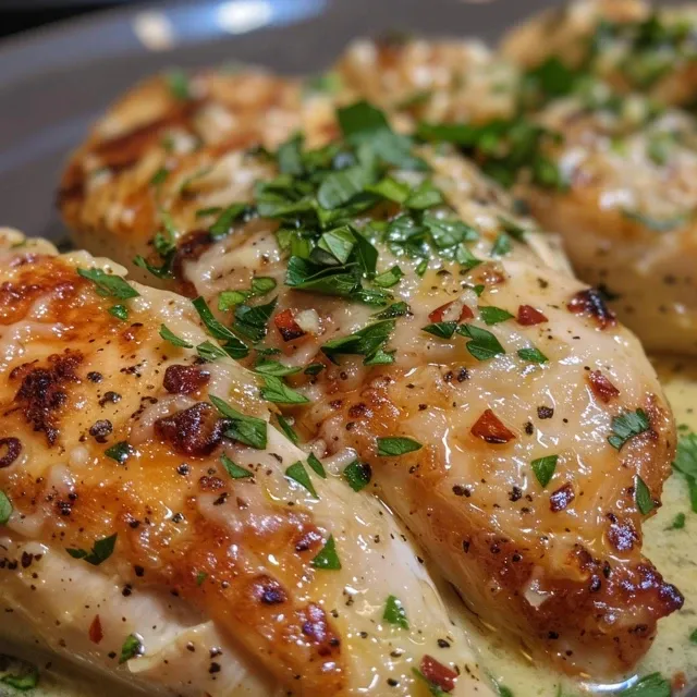 Close-up view of juicy chicken fillets coated in a creamy garlic-parmesan sauce.