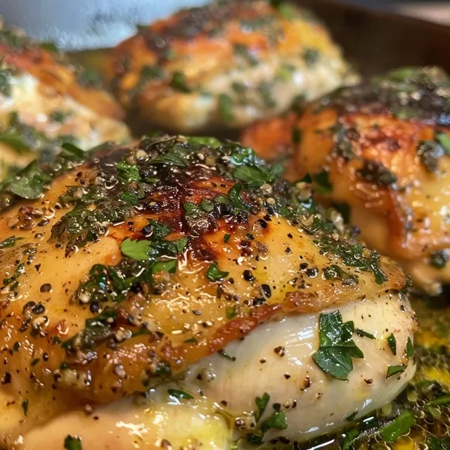 Side view of succulent garlic butter chicken breast on a plate with parsley.
