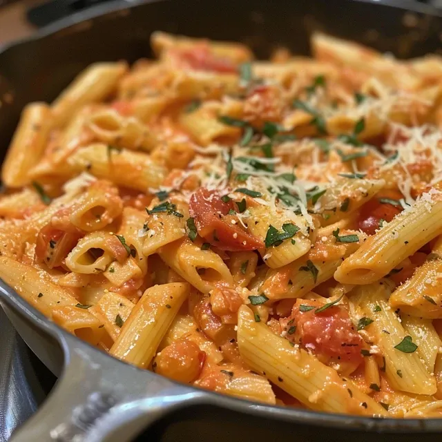 Side view of fettuccine pasta mixed in creamy tomato sauce with garlic.