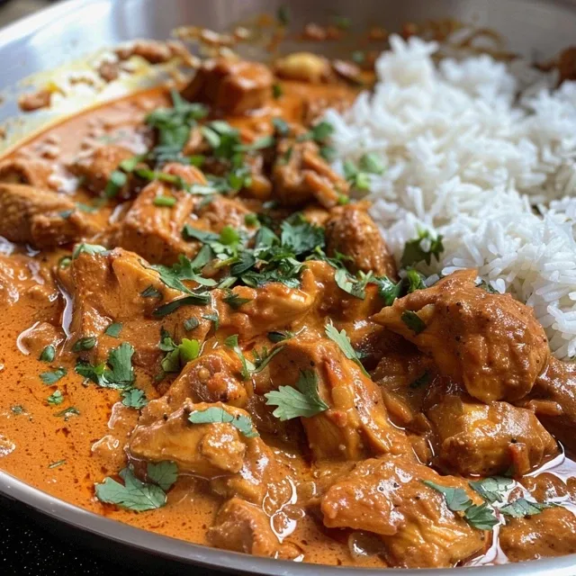 Side view of juicy Butter Chicken garnished with cilantro in a bowl.