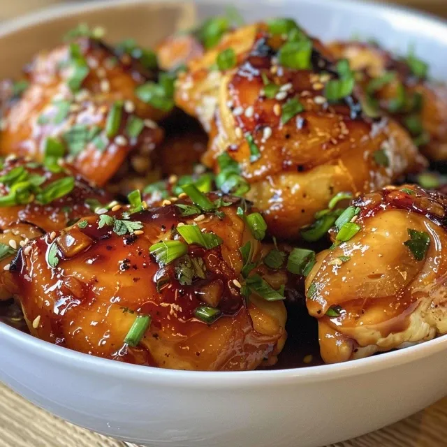 Close-up view of cooked chicken thighs coated in a glossy honey garlic sauce.