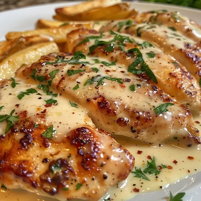Side view of spicy chicken fillets drizzled with a rich garlic and parmesan sauce.