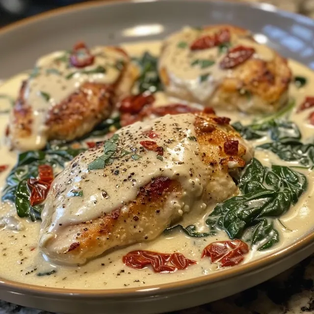 A flavorful skillet filled with juicy chicken breasts in creamy garlic sauce, garnished with Parmesan and herbs.