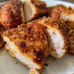 Juicy air fryer chicken thighs arranged on a plate, highlighting their golden-brown color.