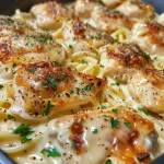 A close-up view of a creamy Baked Chicken Alfredo dish with pasta and chicken.