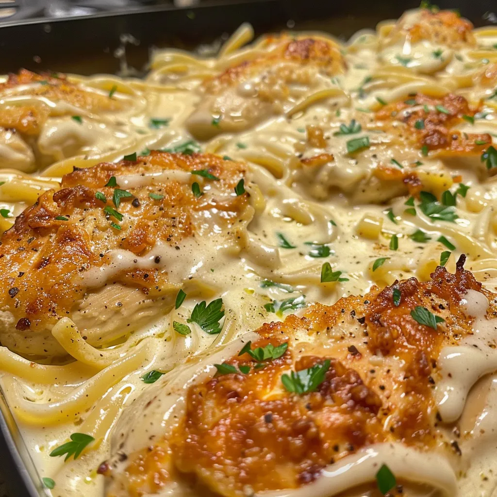 Juicy Baked Chicken Alfredo served with linguini, topped with grated Parmesan and parsley.