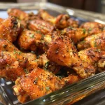 Close-up of juicy baked chicken wings with a golden-brown exterior.
