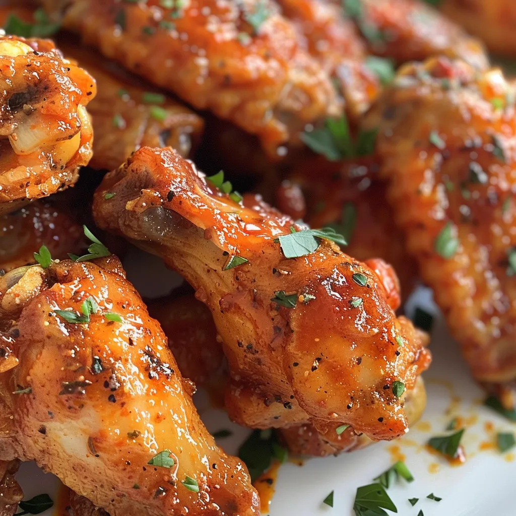 Side view of crispy baked chicken wings arranged on a plate.