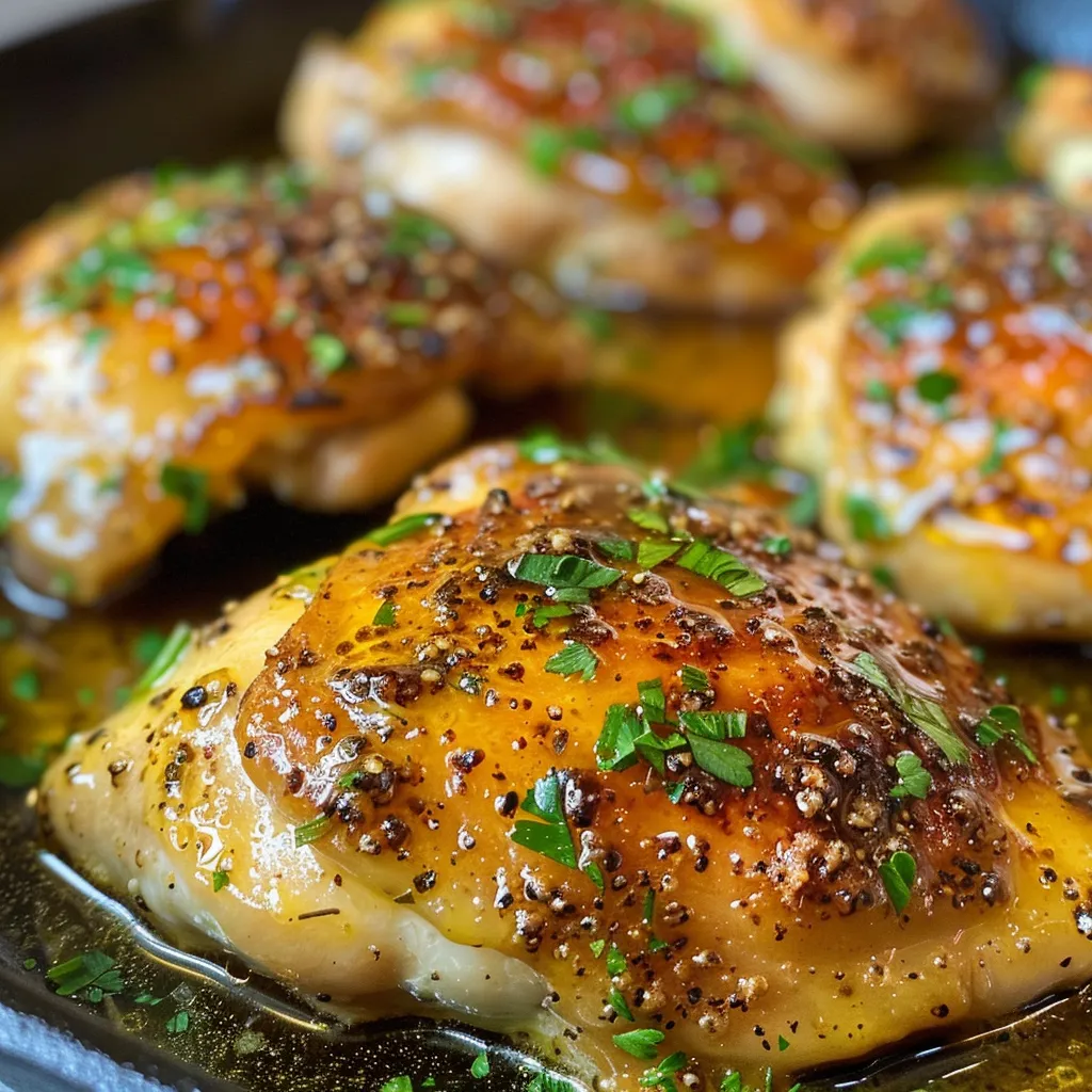 A side profile of tender baked chicken breasts drizzled with honey mustard sauce.