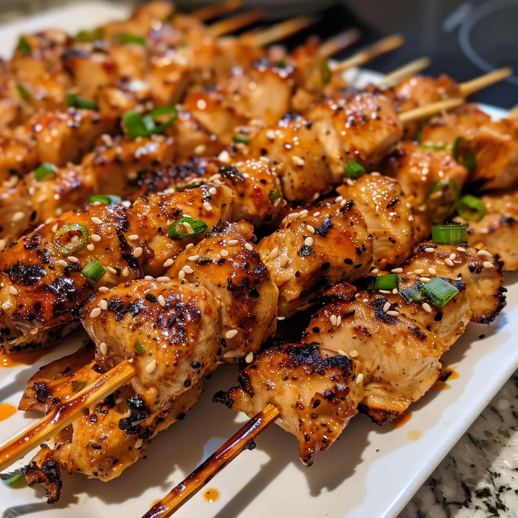 Side view of succulent chicken skewers drizzled with a spicy sauce, ready to be served.