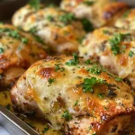Close-up view of juicy cheesy baked chicken breasts topped with melted mozzarella cheese.