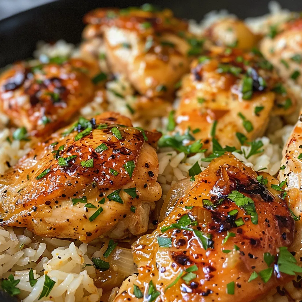 Close-up view of golden-brown chicken thighs with rice and garnished with parsley.