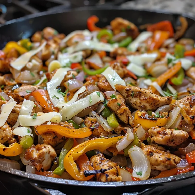 The Sizzling Chicken Cheesesteak Skillet That Feels Like Home Juicy Chicken Cheesesteak Skillet loaded with colorful bell peppers and melted cheese.