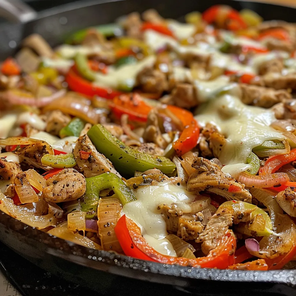 Close-up of a Chicken Cheesesteak Skillet featuring sliced chicken, onions, and provolone cheese.