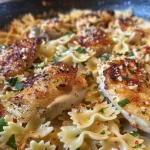 A close-up side view of Chicken Garlic Parmesan Pasta topped with herbs.