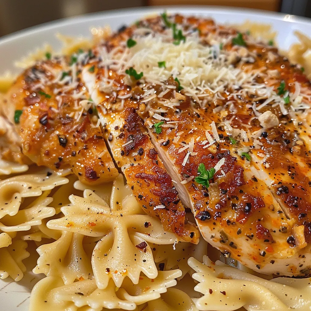 Juicy Chicken Garlic Parmesan Pasta served with gluten-free farfalle and creamy sauce.