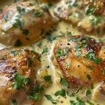 Juicy chicken pieces in a creamy white sauce, garnished with fresh parsley.