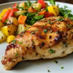 Close-up side view of a juicy chicken dish on a plate.