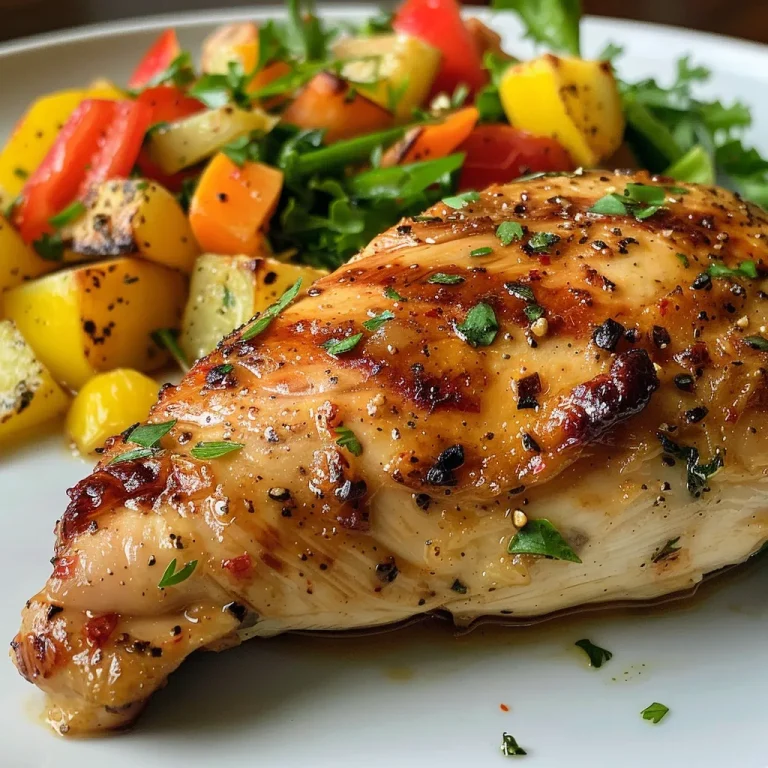 Close-up side view of a juicy chicken dish on a plate.