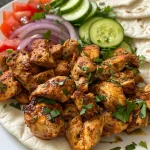 Close-up view of a juicy Chicken Shawarma wrapped in pita with garlic sauce.