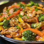 Close-up view of colorful chicken stir fry featuring broccoli, bell peppers, and carrots.