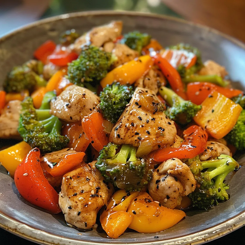 Juicy chicken stir fry with vibrant vegetables cooked in a glossy sauce.
