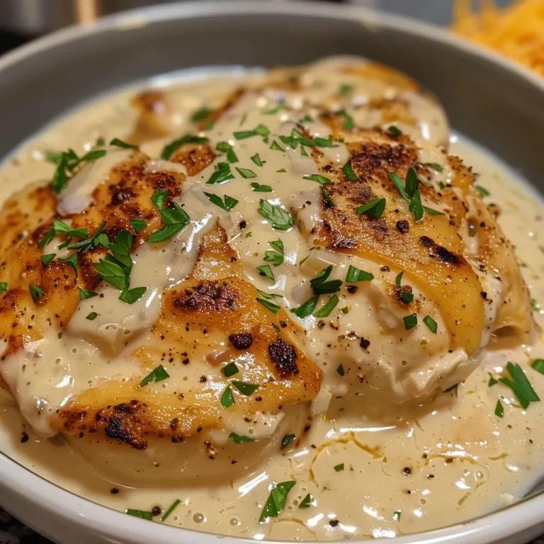 Juicy chicken breasts submerged in creamy sauce, garnished with parsley.