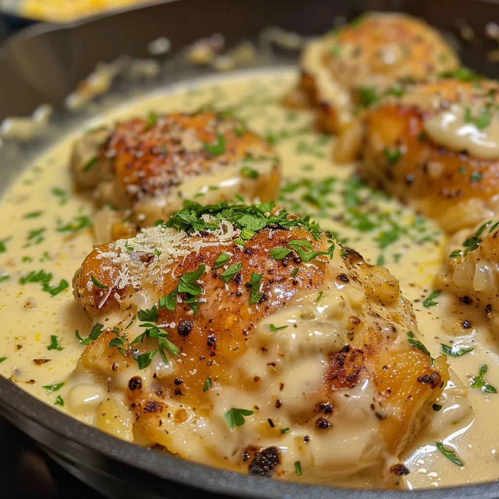 Close-up of succulent chicken topped with a rich cream of chicken soup.