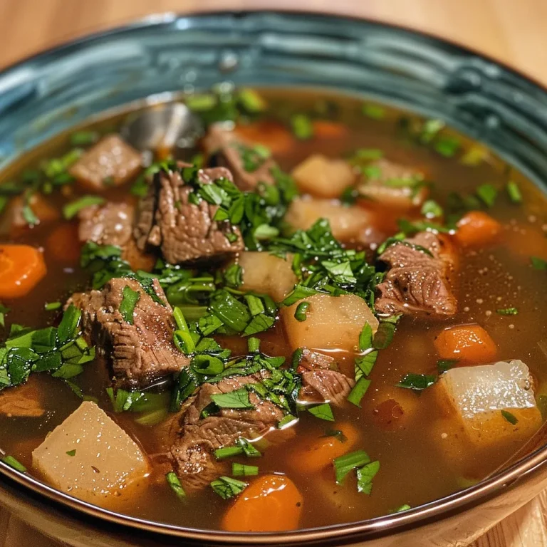 Close-up side view of a bowl of Christmas beef soup, showcasing its rich broth and tender beef.