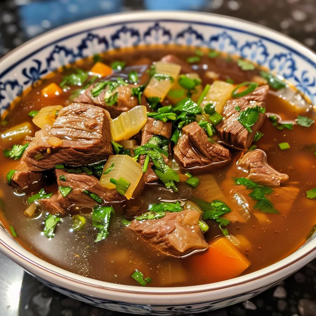 A detailed view of steaming beef soup with vegetables, perfect for a festive holiday meal.