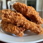 Close-up of juicy Southern fried chicken tenders, golden brown and crispy.