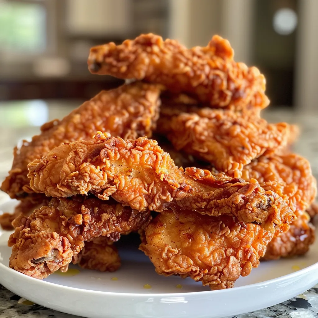 Side view of perfectly fried chicken tenders on a plate, showcasing their texture.