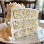 Close-up side view of a classic white cake with smooth icing.