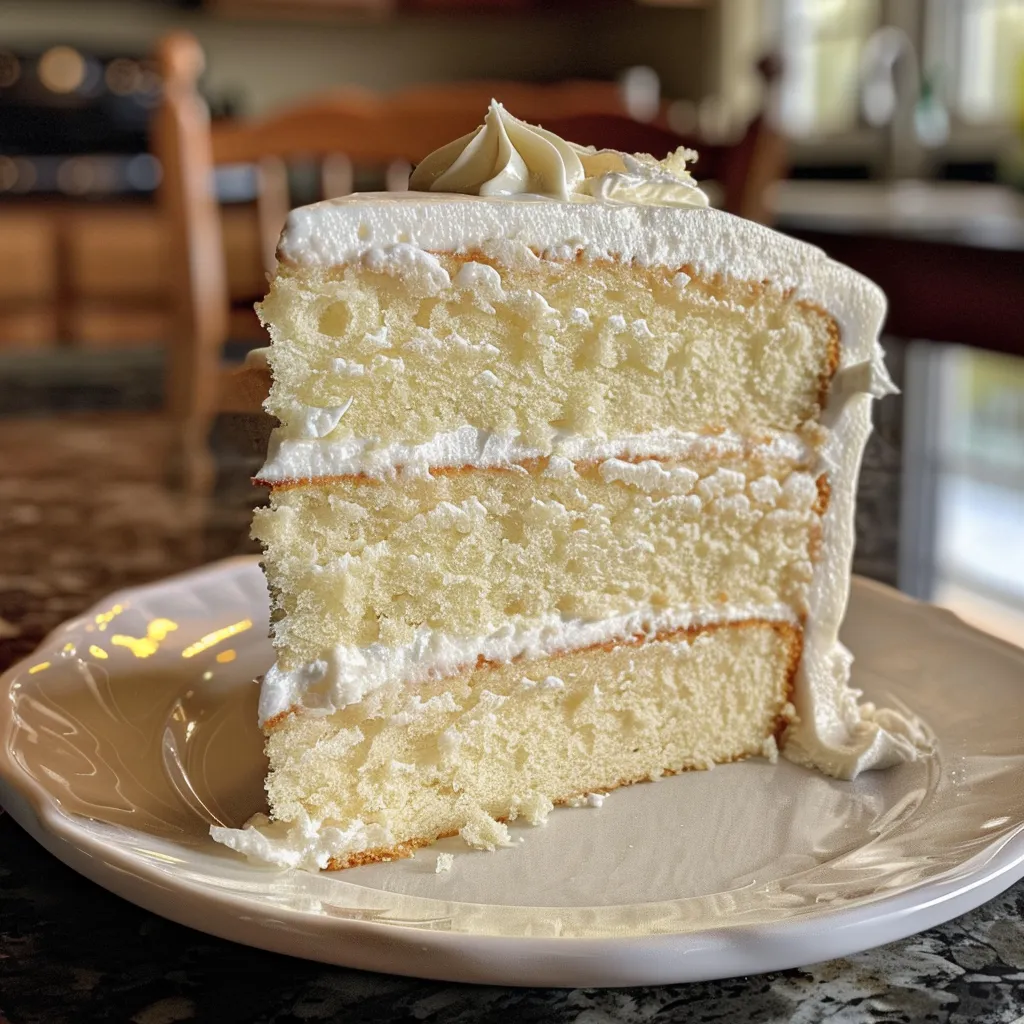 Appetizing slice of white cake showcasing layers and creamy frosting.