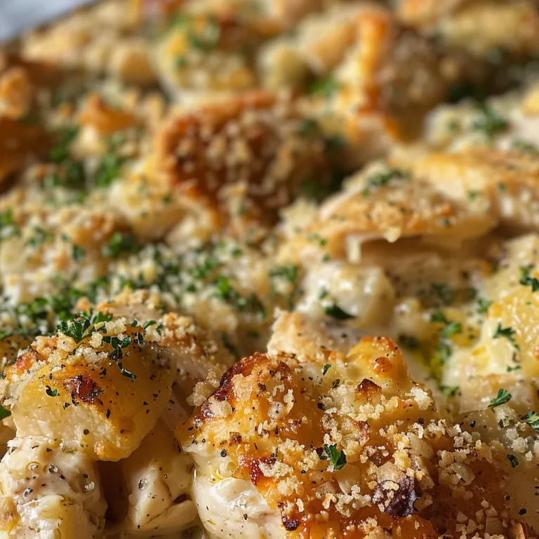 Close-up view of a delicious chicken casserole with a golden crust and melted cheese.