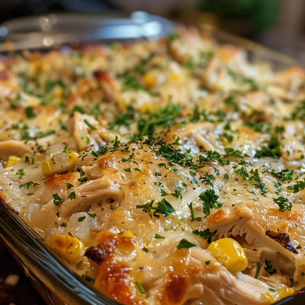 Side view of a hearty chicken casserole showcasing layers of ingredients in a baking dish.