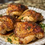 Close-up of a comforting chicken dish featuring golden-brown pieces of chicken and fresh herbs.
