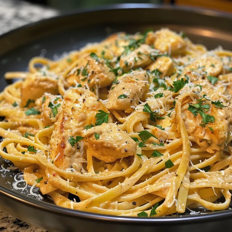 Close-up view of Cowboy Butter Chicken Linguine with chicken, herbs, and creamy sauce.