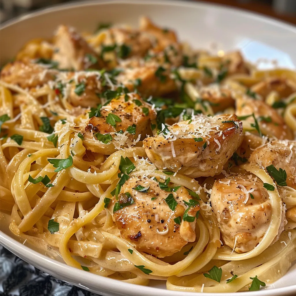 Juicy Cowboy Butter Chicken Linguine in a bowl, showcasing chicken pieces and pasta.