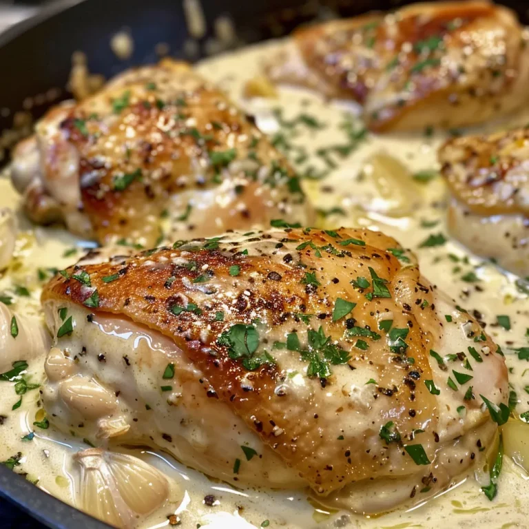 Close-up view of juicy creamy chicken breast drizzled with creamy sauce.