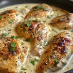 Close-up view of creamy garlic chicken garnished with herbs.
