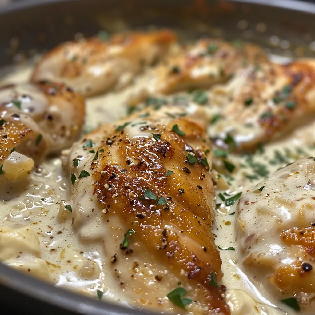 Side view of creamy garlic chicken with a glossy sauce and garlic pieces visible.