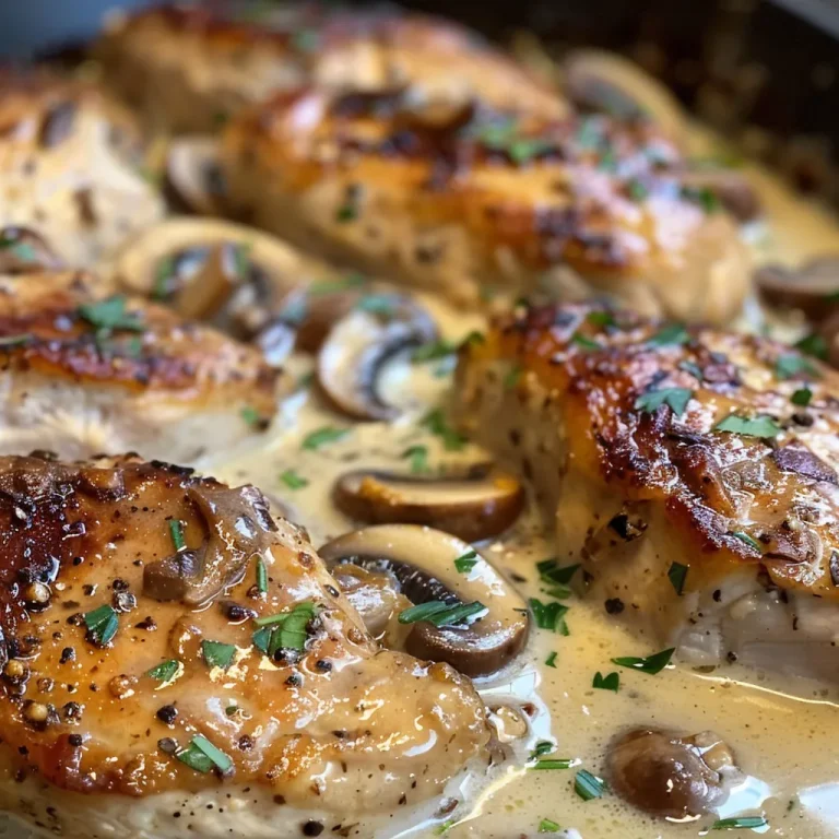 Close-up of creamy garlic mushroom chicken with sliced mushrooms and garnished herbs.