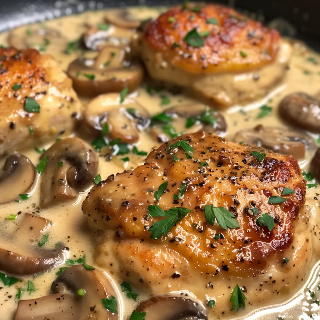 Juicy chicken breasts in creamy sauce with garlic and mushrooms, side view display.